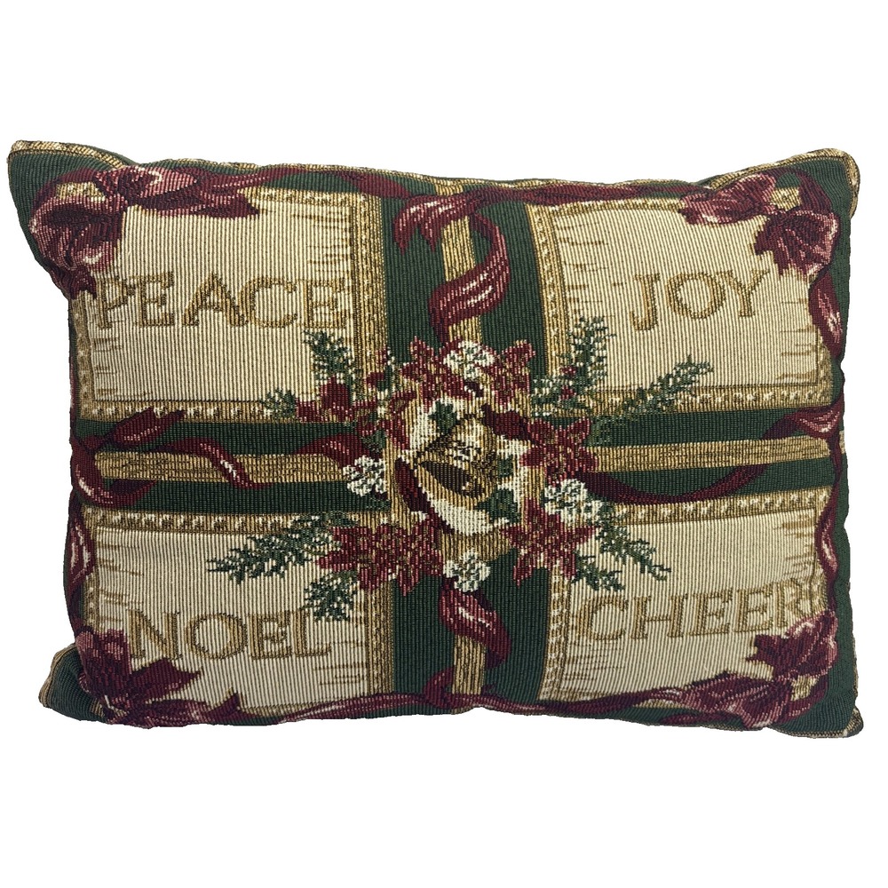 Vintage Christmas Tapestry Throw Accent Pillow Gold Green Back 15x11